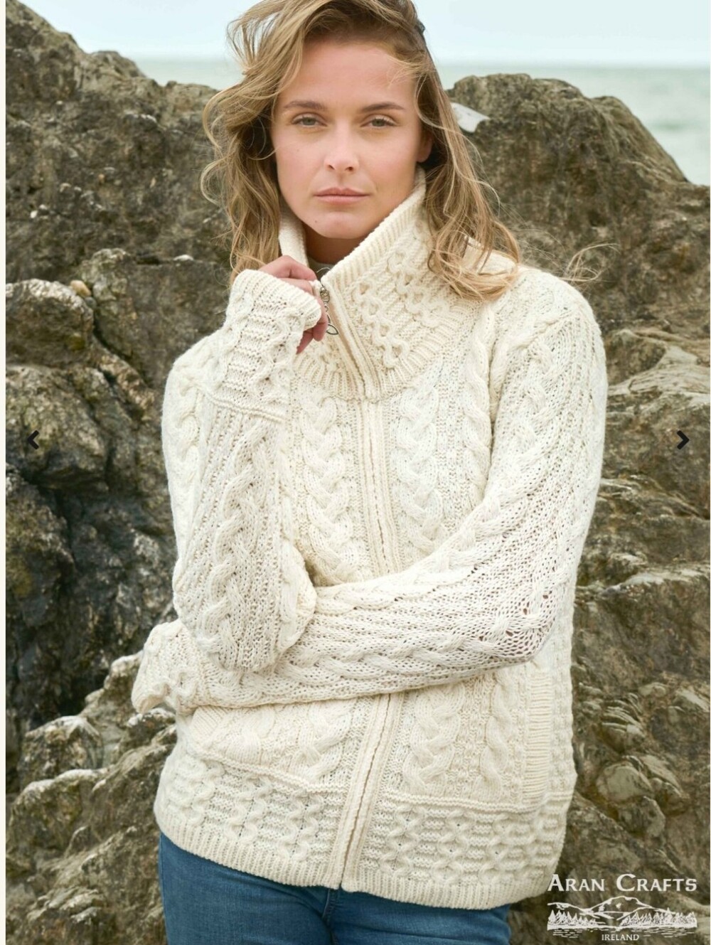 Aran Crafts Cream Cable-Pattern Zip Cardigan with Pockets